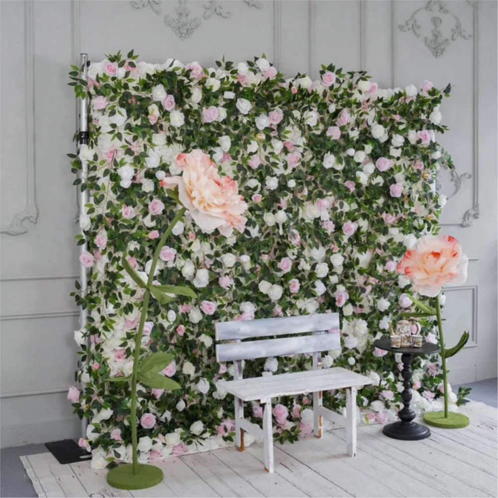 Uflower luxury pink White rose Peony green leaf fabric artificial flower wall Green plants outdoor wedding background decoration view 2
