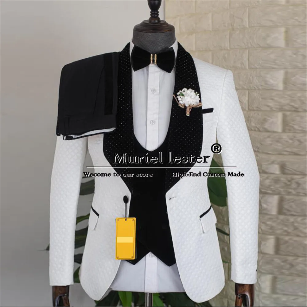 Classic Jacquard Suits Men Formal Party Crystals Beaded Jacket Vest Pants 3 Pieces Groom Wedding Tuxedo Tailor-made Man Clothing