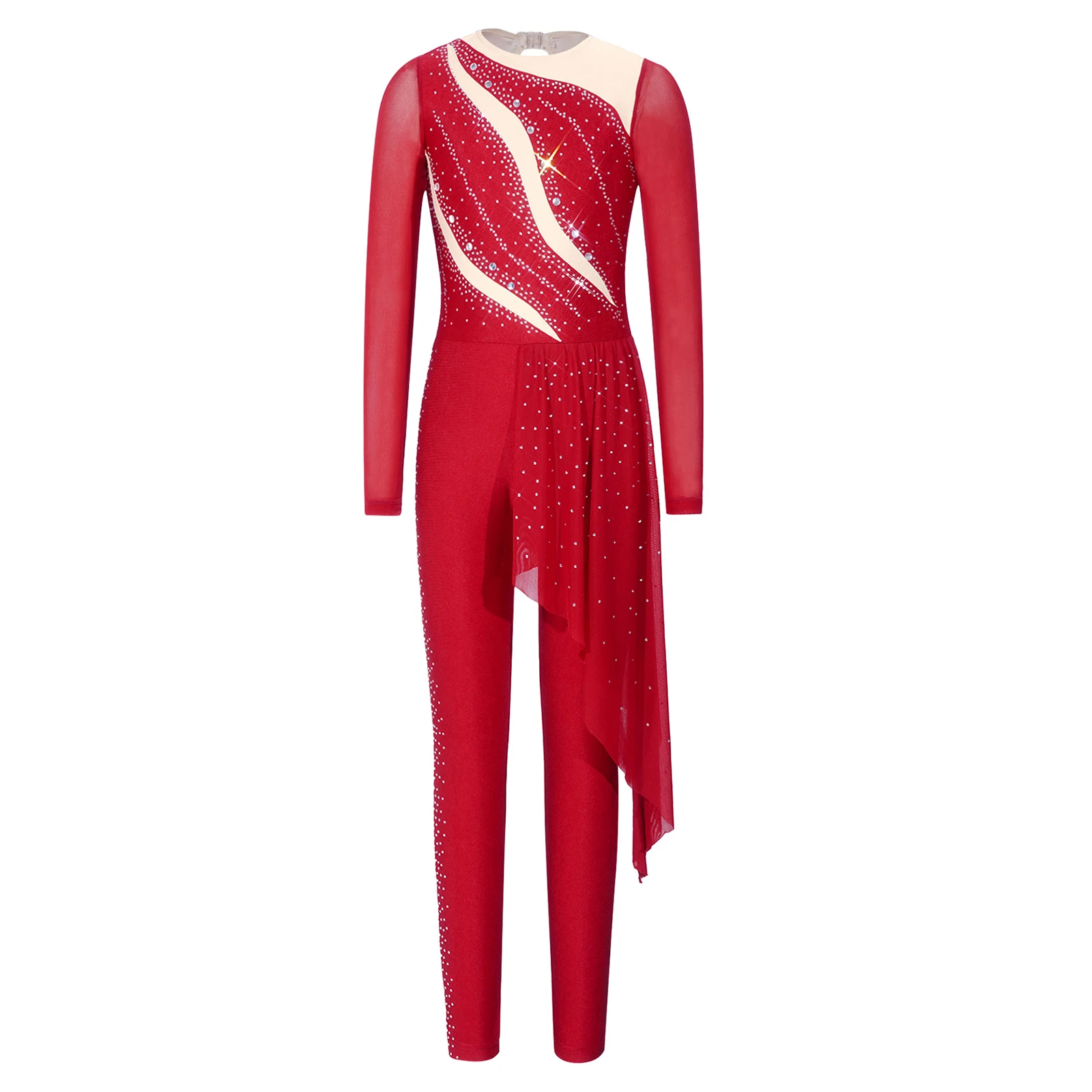 Mädchen-Kostüm für Eiskunstlauf mit Strasssteinen, glitzerndes Strass-Design, langärmeliger Overall, Tanzkleidung für lyrisches Ballett. – Detail 12