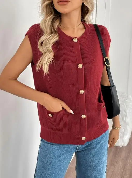 

2025 New Elegant Small Fragrant Style Knitted Cardigan Jacket Sleeveless Metal Button Solid Color Sweater Vest
