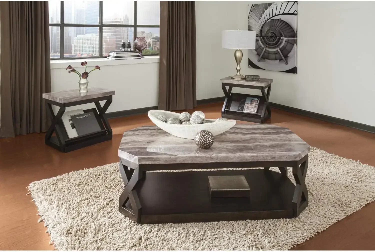 Signature Design by Ashley Radilyn Faux Marble 3-Piece Table Set, Includes Coffee Table and 2 End Tables, Gray & Brown