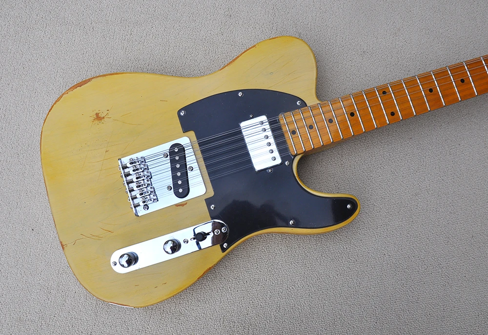 12 Strings Light Yellow Relic Electric Guitar with Maple Fretboard,Black Pickguard,Can be Customized