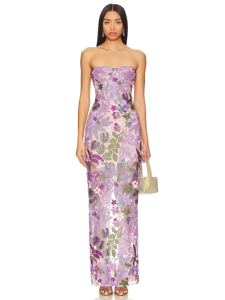 

New Sexy Luxury Floral-Embellished Sequin Long Dress Women Lavender Strapless Flower Sequined Slim Dresses Evening Party Gowns