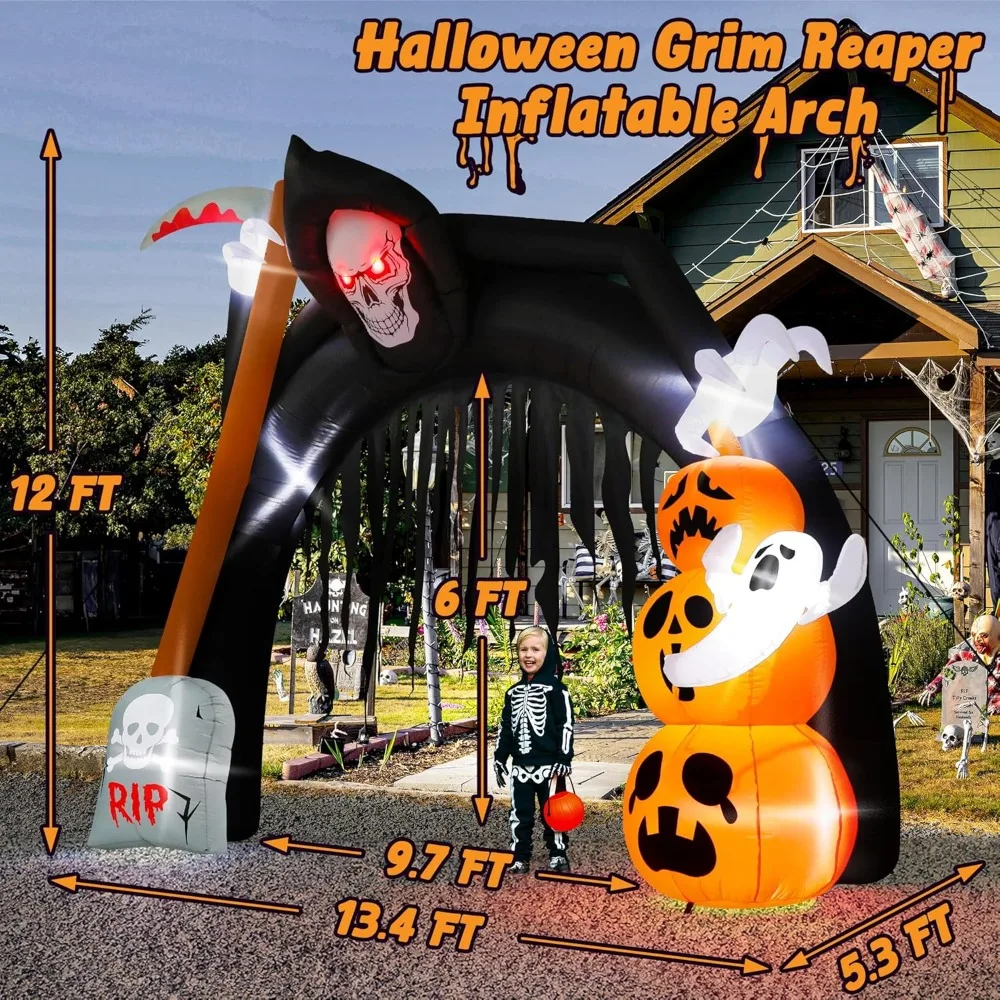 Halloween Inflatables, 12 FT Halloween Grim Reaper Inflatables, Scary Outdoor Decorations Archway with Pre-lit Lights, Blow Up H