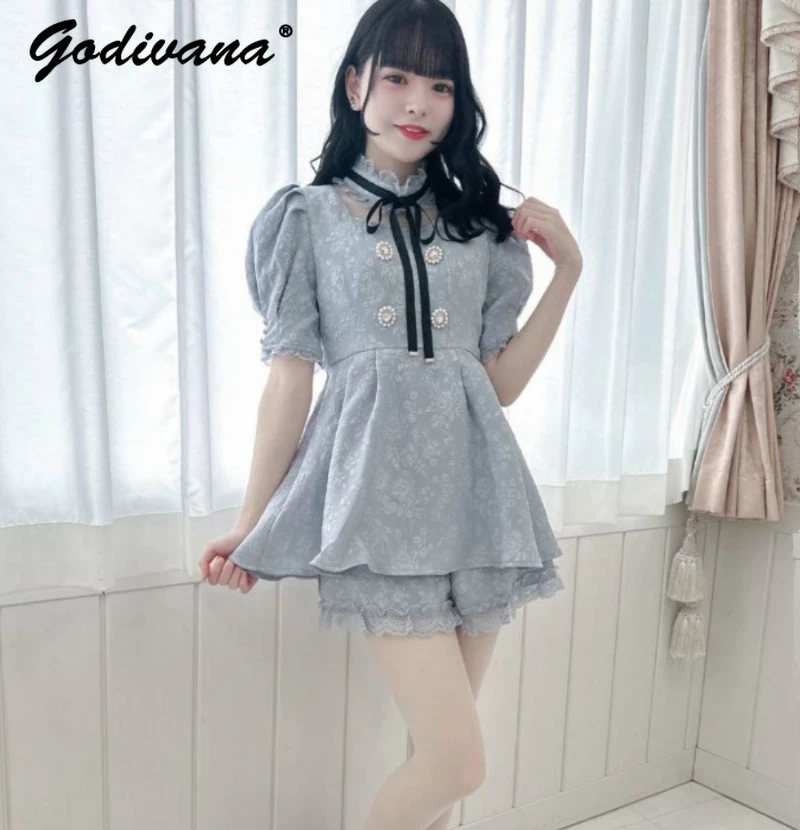 Japanese Mine Jacquard Lace Stand Collar Short Sleeve Shirt High Waist Dress and Shorts 2 Piece Set Girls Lolita Shorts Suit