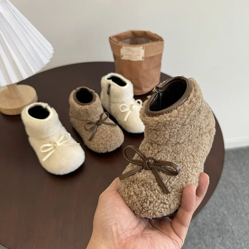 2024 Winter Children's Snow Boots Composite Wool Warm Lambswool Plush Baby Girls Boots Exquisite Gift Fashion Kids Casual Shoes