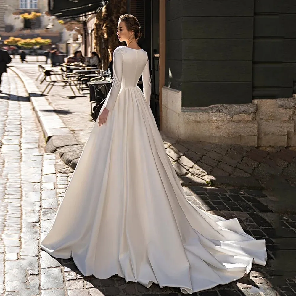 فستان زفاف أنيق على شكل حرف a وأكمام طويلة دانتيل ترتر مزين بقطار سويب فستان زفاف العروس للنساء فيستدوس دي نوفيا