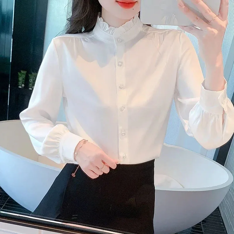 Nouveau col à volants femmes chemise Blouse blanc à manches longues en mousseline De soie chemise Blouse haut pour femme Blouses Camisas De Mujer Camisas H540