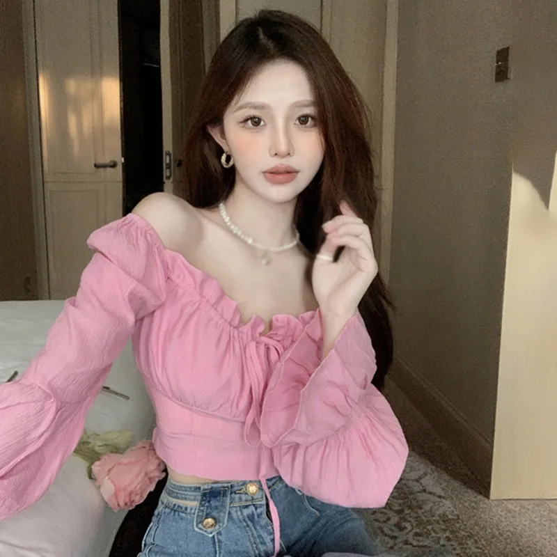 Women\'s Blouse Solid Color Slim Fashion Sexy Expose Navel Spring Autumn Long Sleeve Square Neck Shirts