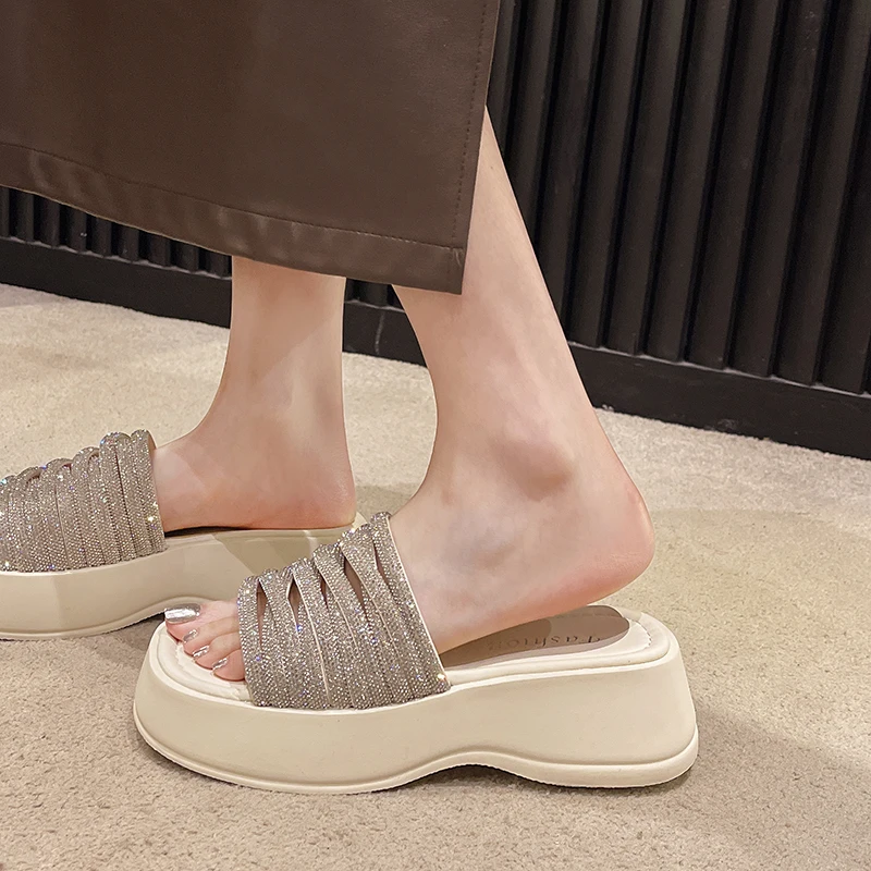 Straight Sandals Ladies Slippers Summer New Platform Women\'s Shoes Rhinestone Heightened Sandals
