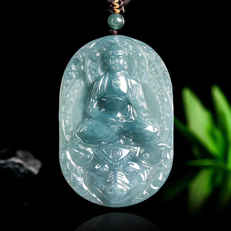 

Natural A-grade Jadeite Blue Water Sun Tathagata Jade Pendant Zodiac Pig Patron Saint Natal Buddha Men and Fwomen Amulet Gift