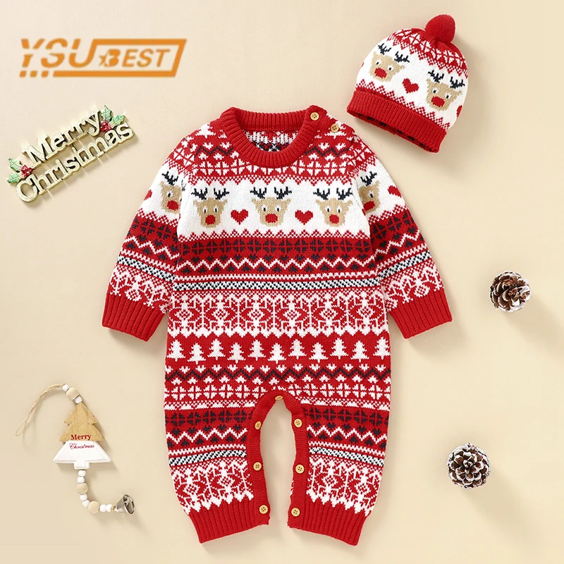 Christmas Elk Autumn Winter Kids Baby Boys Girls Rompers Clothes + Hat Infant Baby Boy Girl Long Sleeve Knitting Rompers Clothes