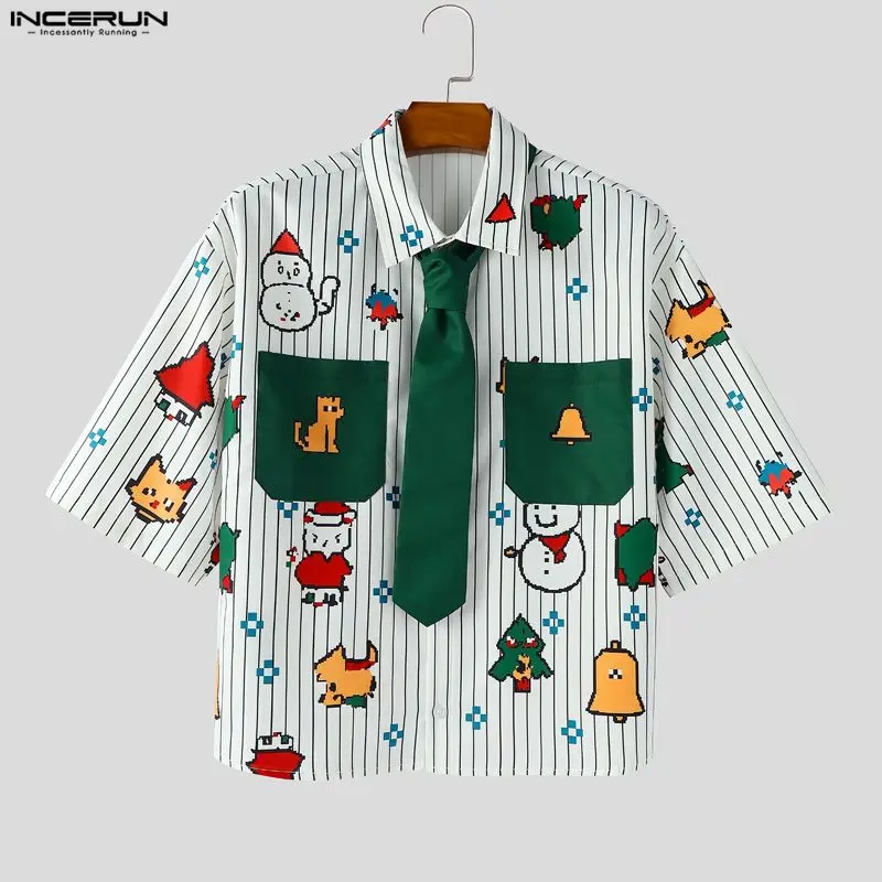 

INCERUN Мужская рубашка с принтом в стиле пэчворк с лацканами и коротким рукавом, свободная мужская одежда, уличная одежда, повседневные рубашки в корейском стиле, мужские топы 2025