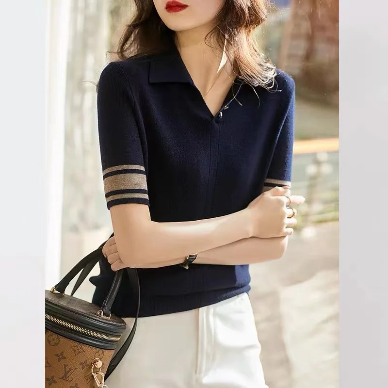 knit short sleeve women summer POLO lapel cotton thread half sleeve loose ice T-shirt cotton and linen bottom jacket thin