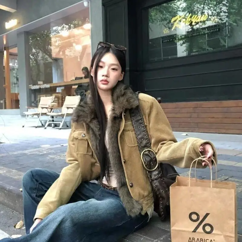 Hot Corduroy Thickened Coat Women Autumn Winter New Arrival This Year Popular Hot Selling Super Nice Patchwork Fur Collar Cotton