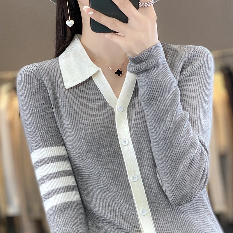 Women's cardigan autumn/winter new casual knitwear 100% pure wool POLO collar jacket slim fit Tops Japanese/Korean style Blouse