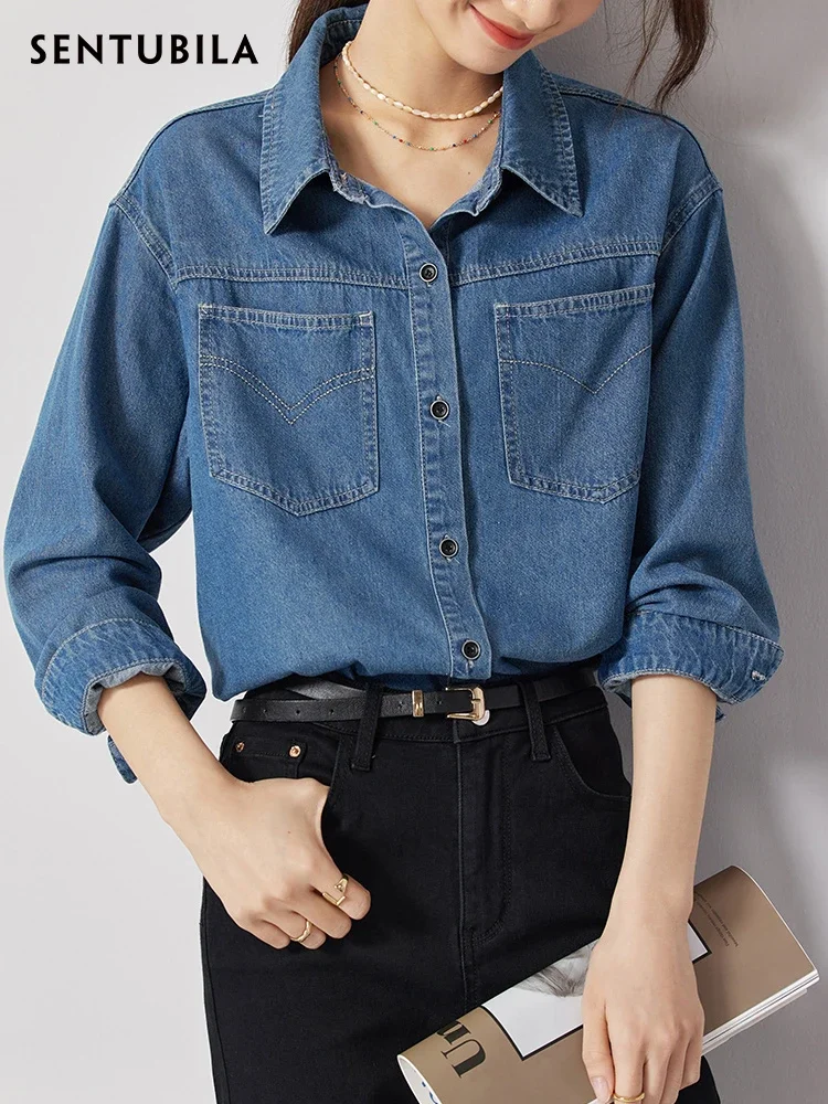 SENTUBILA Vintage Denim Shirts For Women Pockets Long Sleeve Polo Neck Button Down Shirt Blouses Streetwear Tops W31C47612