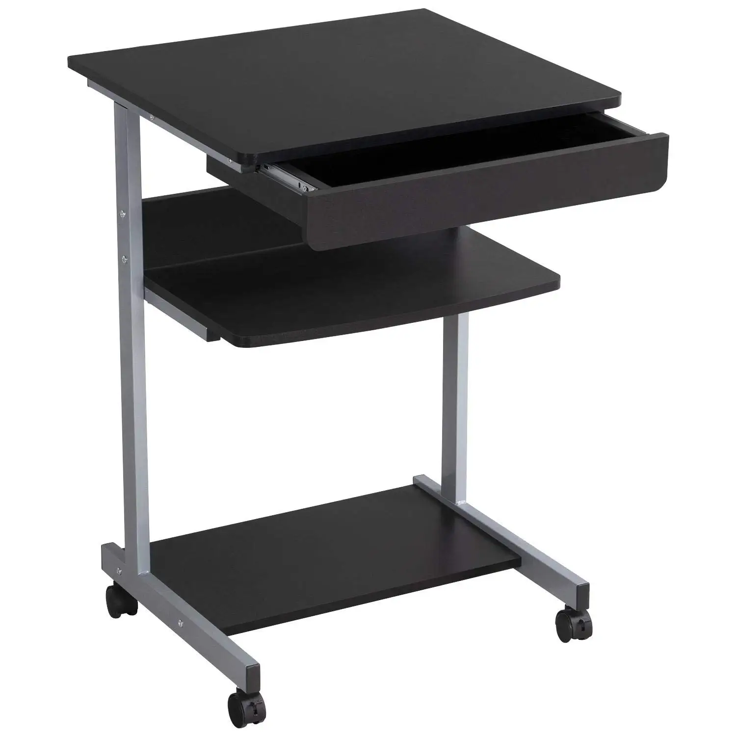 Mobile Computer Desk 3-Tier Rolling Cart With Drawer, Black, Customized