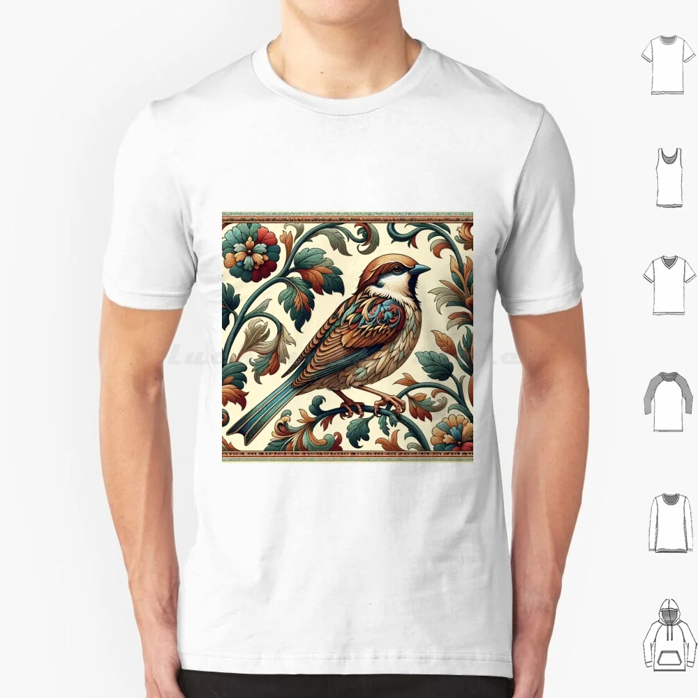 Whimsical Sparrow-Intricate Floral Art T Shirt 6xl Cotton Cool Tee Sparrow Art Intricate Floral Bird Illustration Nature Art