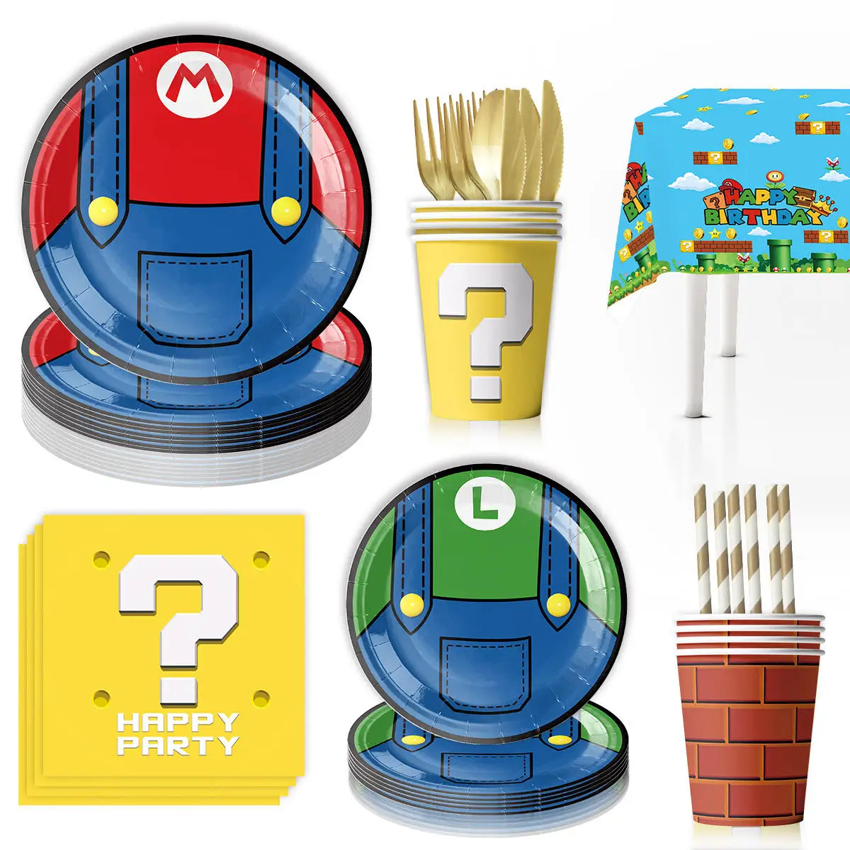 Vajilla de Super Mario Bros para fiesta de Cumpleaños de Niños, juego completo de accesorios de mesa, plato y taza, regalos para Baby Shower