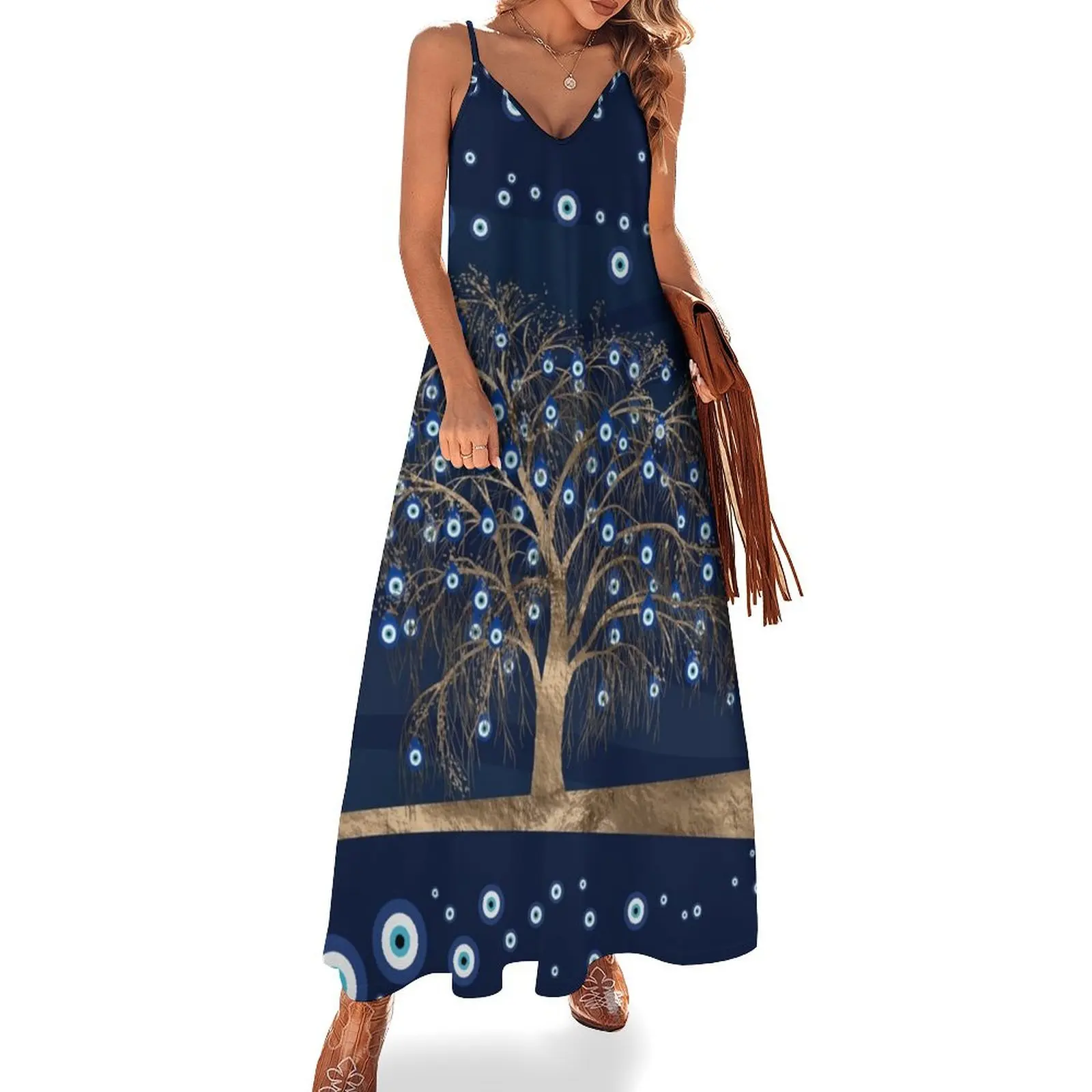 

Nazar Charm Tree - Gold on Dark Blue Sleeveless Long Dress women clothes dresses for women 2025 women's dresses luxury Dress