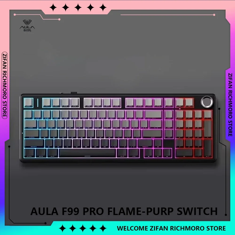 AULA F99 Pro Mechanical Keyboards Flame-Purp Switch V2 RGB Hot Swappable 3 Mode Gamer Keyboard 98 Keys Wireless Bluetooth Wired