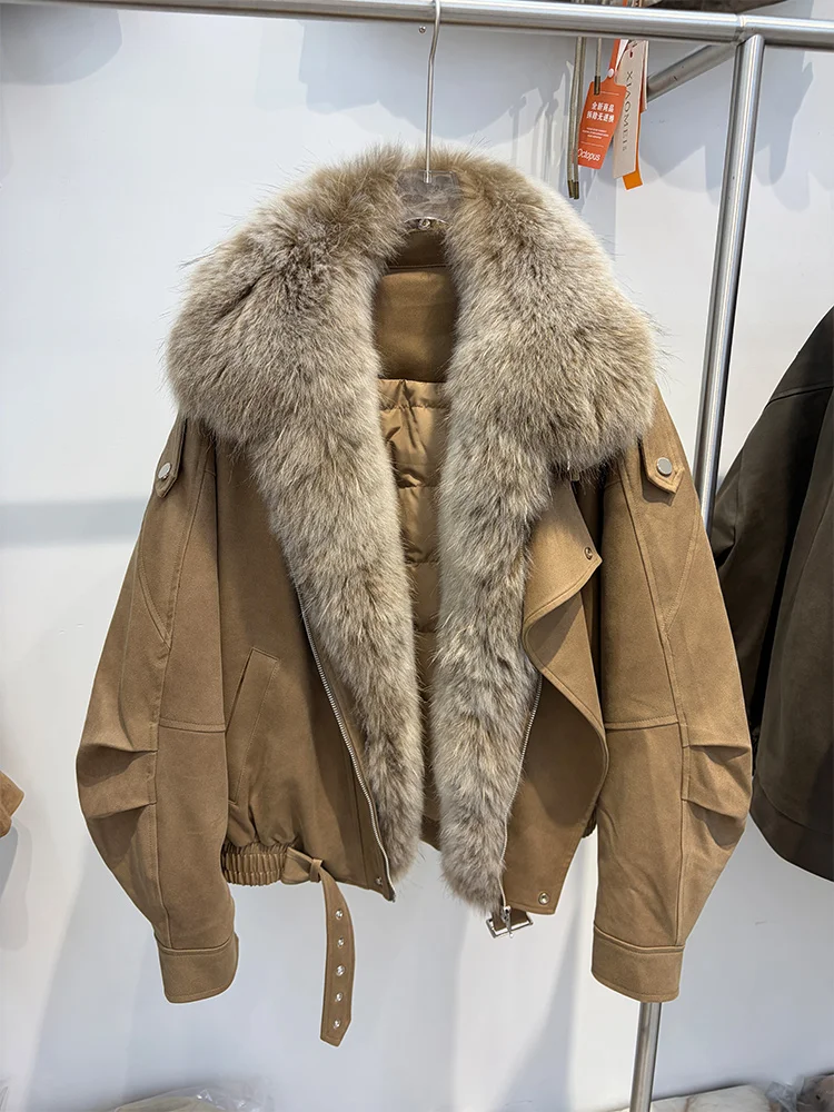 Winter Women Warm Goose Down Jacket Real Natural Raccoon Fur Collar Outwear Luxury Fox Fur Hooded Thick Russia Puffer Jackets