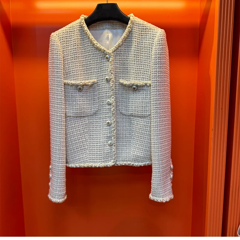 

Peoq Brand Commute Sle Pearl Buttoned Heavyweight Tweed White Outerwear ort Coat Ladylike Ele Autumn New Arrival