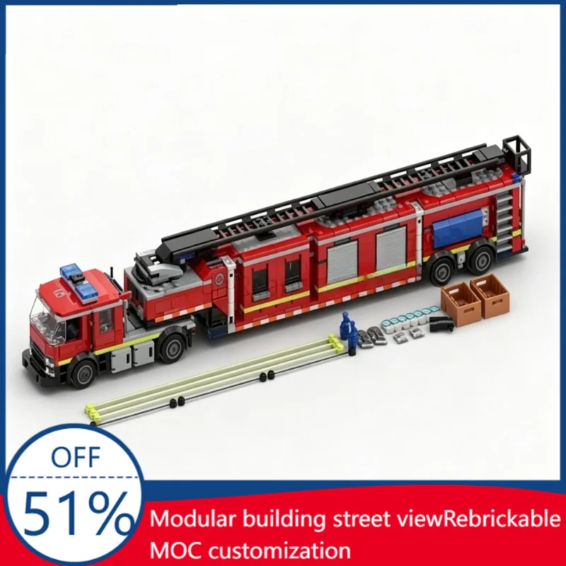 1250PCS Fire Rescue Tiller Truck Firefighting Vehicle MOC Model Building Blocks DIY Assembly Educational Birthday Christmas Gift