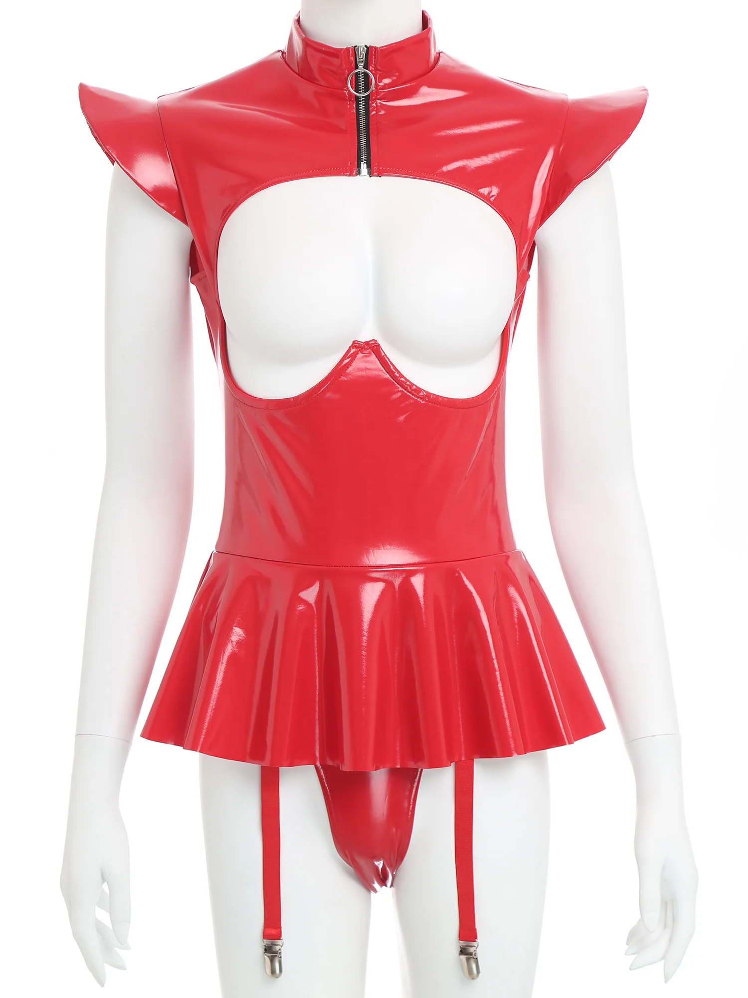 

Women Glossy PU Leather Garters Bodysuit Mini Dress Fly Sleeve Hollow Out Push Up Underwire Jumpsuit Clubwear for Night Party