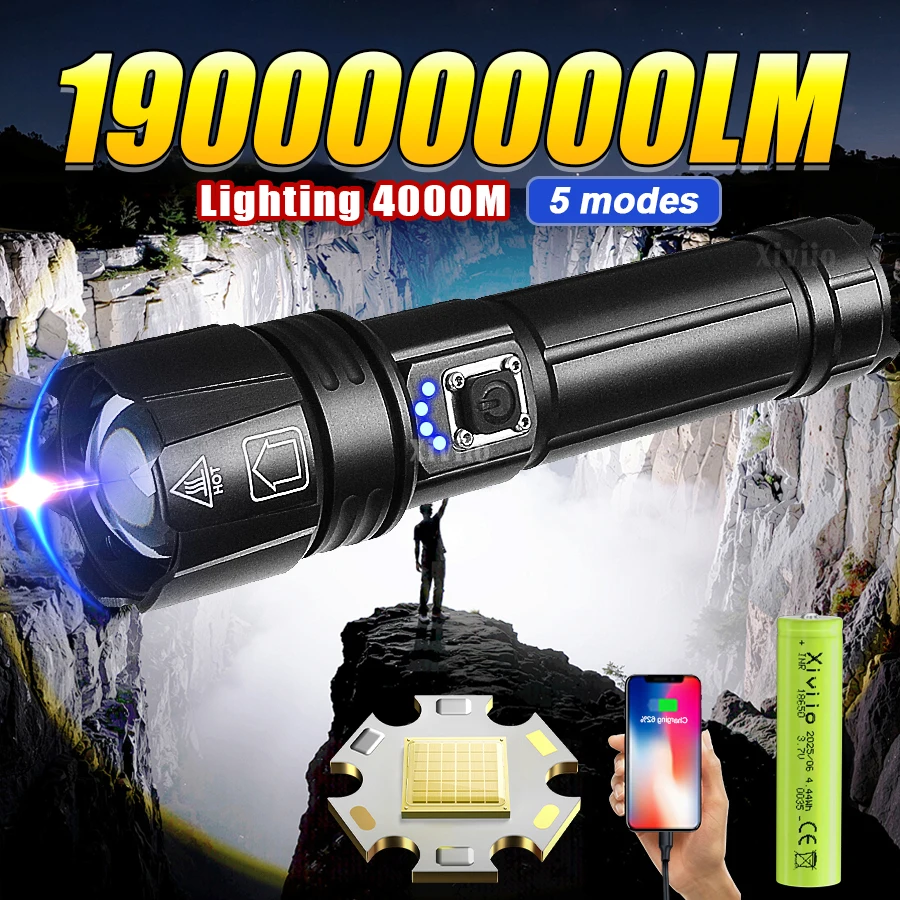 

190000000LM Супер яркий фонарик XHP360 дальнего действия 4000 м высокой мощности светодиодный перезаряжаемый фонарик сверхмощный ручной фонарь