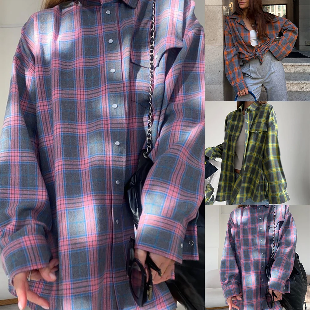 Fashion Girls Oversized Plaid Long Shirts For Women Streetwear Blouses Baggy Autumn Spring Coat Tops Shirt Female Clothing