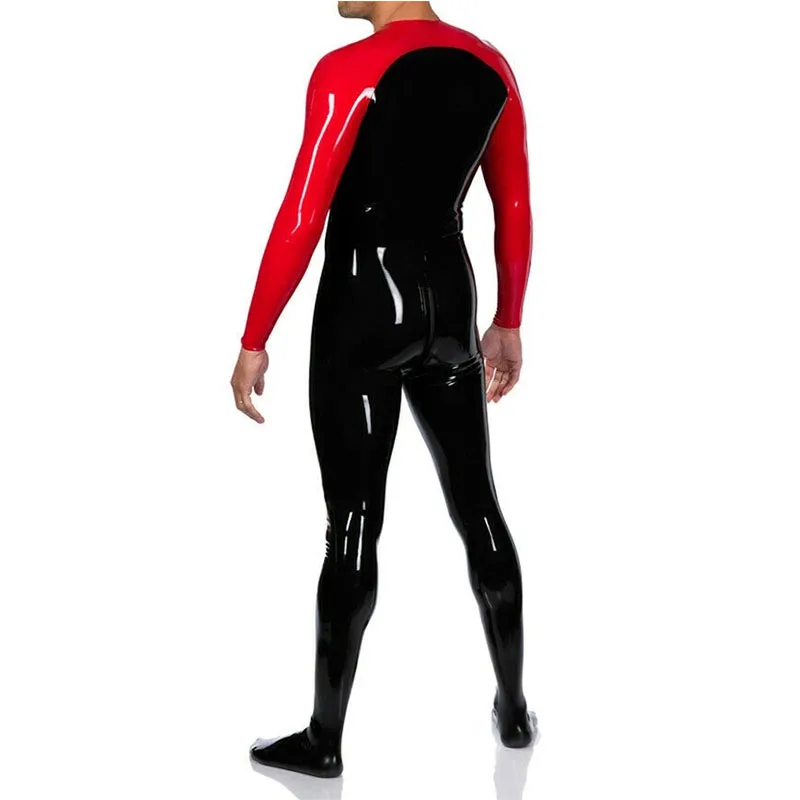 Latex Catsuit Handmade Black with Red Rubber Bodysuit with Crotch Zipper for Men Race Suit Customize Latex Suit