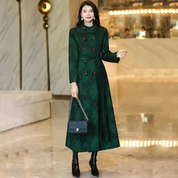 New Women Green Print Trench Coat Spring Autumn Fashion Stand Collar Double Breasted Slim Overcoat Elegant Exquisite Long Coat
