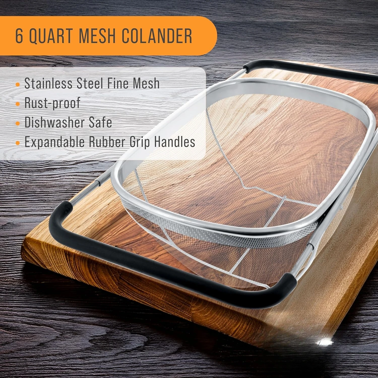 Kitchen Supply Stainless Steel Colander Strainer - 6-Quart Collapsible Colander With Expandable Rubber Handles - Rectangula