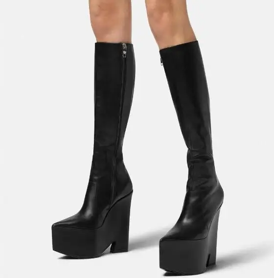 

Fall Women Fashion Black Leather Pointed Toe Platform Wedges Slim Knee High Boots Female Tube Slip On Long Boots Shoes Size 43