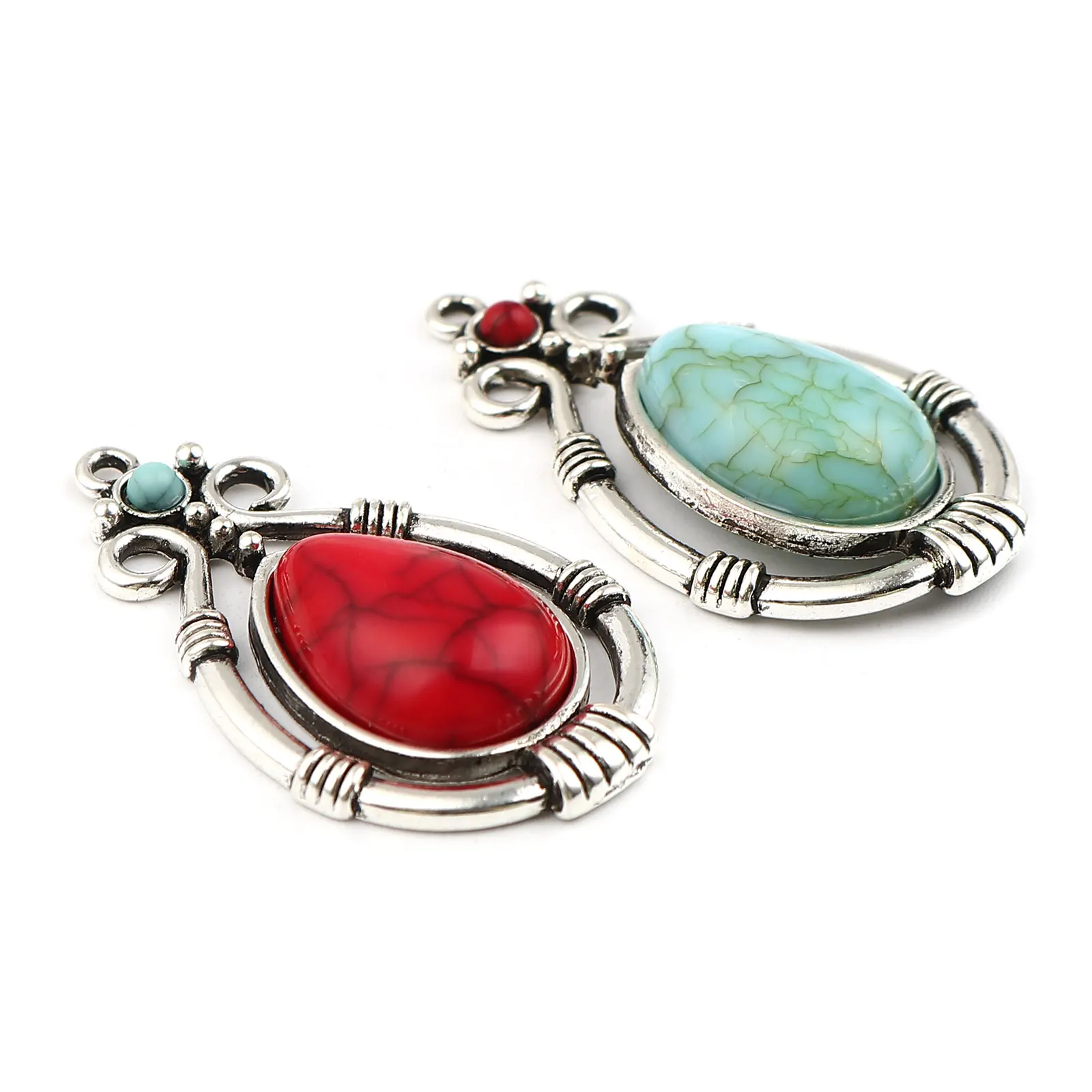 Bohemia Geometric Drop Pendants Antique Silver Color Red/Green  Metal Charms DIY Necklace Jewelry Gifts,5PCs