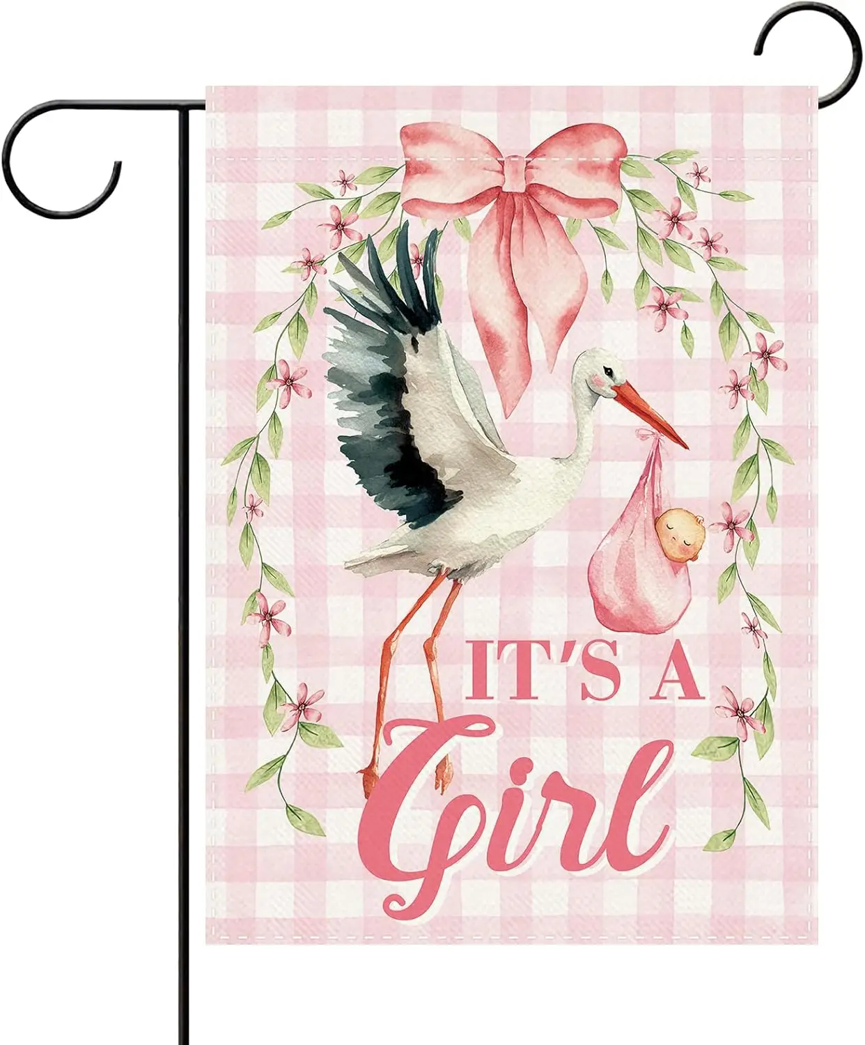 It's a Girl Gender Reveal Decorative Garden Flag, Newborn Stork Pink Plaid Small Yard Outside Decoration Gift for New Da ZZM