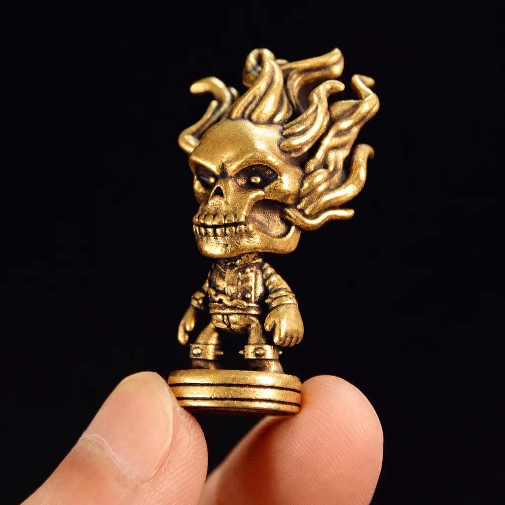 Brass Skull Flame Hair Mini Figurine Vintage Skeleton Statue Desktop Decor Micro Landscape Collectible Craft