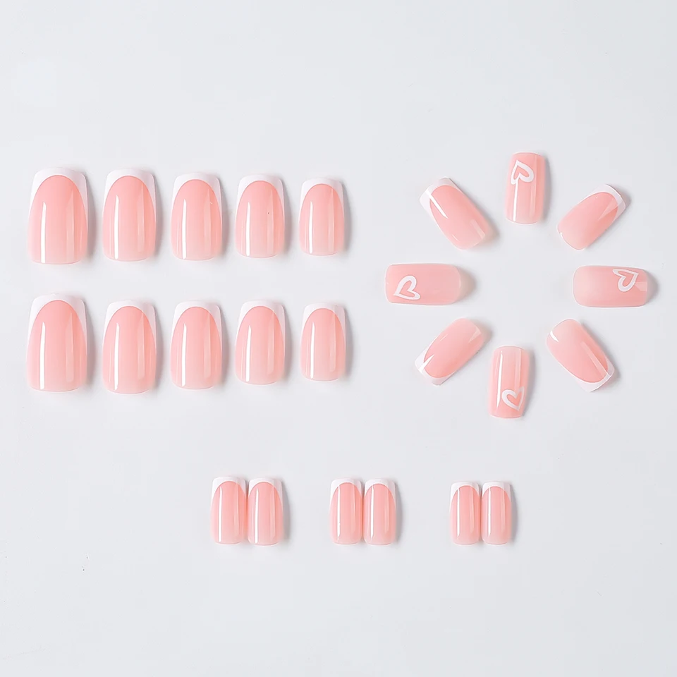 24 piezas de uñas postizas cortas rosas con punta francesa y corazones blancos, set de uñas desmontables, regalo 6