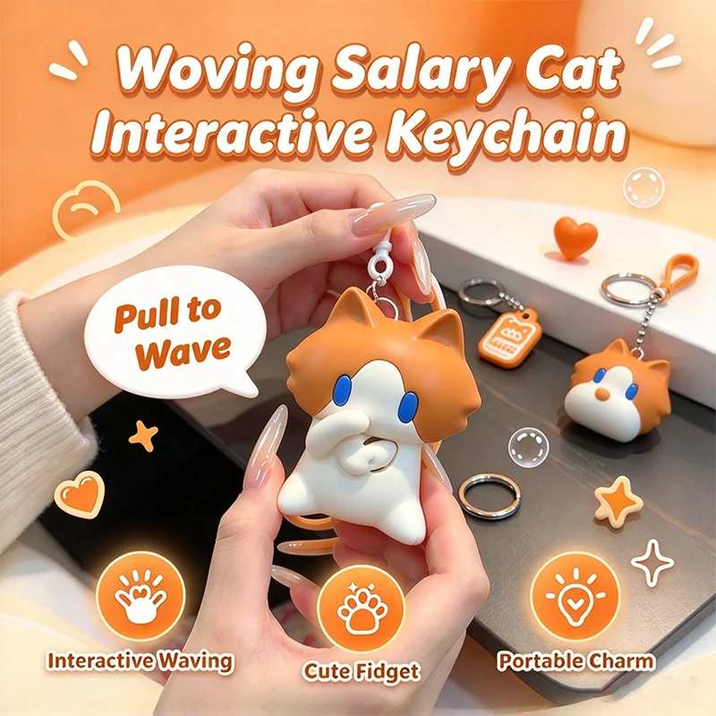 Monthly Salary Cat Waving Salary Cat Interactive Keychain Pull To Wave Fidget Toy Keyring Bag Charm Pendant Fun Novelty Gift