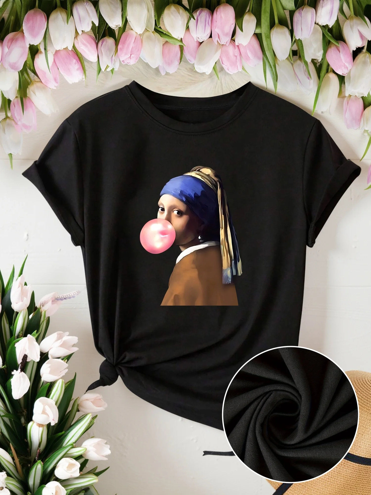 تي شيرت نسائي كاجوال بطباعة صورة فنية عتيقة وأكمام قصيرة ورقبة دائرية للسيدات #1