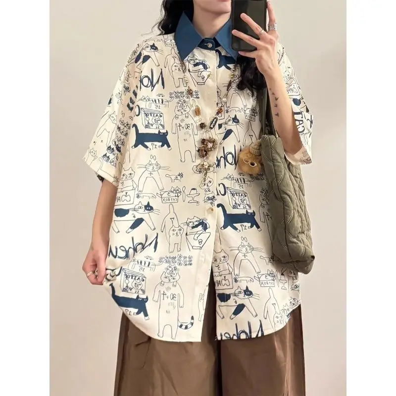 

Summer Casual Korean Fashion Loose Buttons Single Breasted Printing Short Sleeve Youth Lively Bright Easy Close to the People