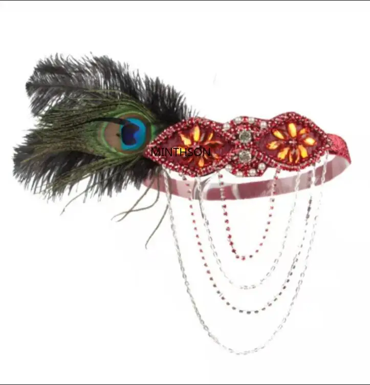 Minthson-diademas de plumas de los años 20, banda elástica con joyas de cuentas, cadena, Flapper, accesorios para disfraces, tocado de fiesta, vestido de Chevron