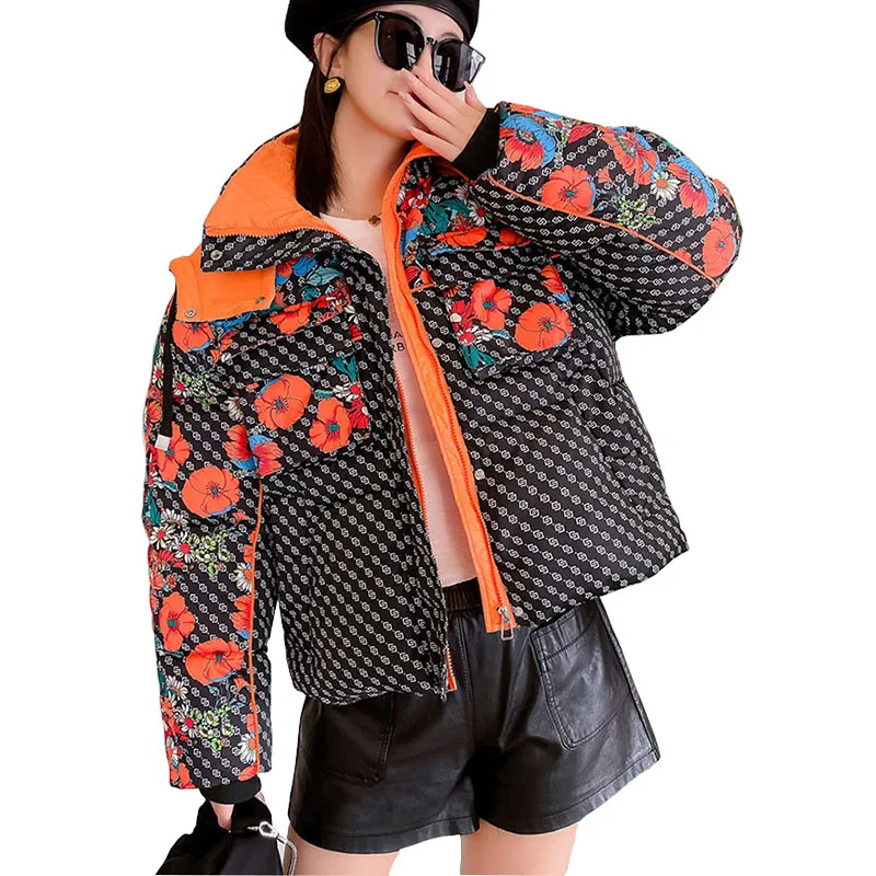 Floral Print Thicken Winter Coat Woman Clothing Vintage Loose Hooded Parkas Women's Jacket Puffy Warm Down Jacket Female 2024