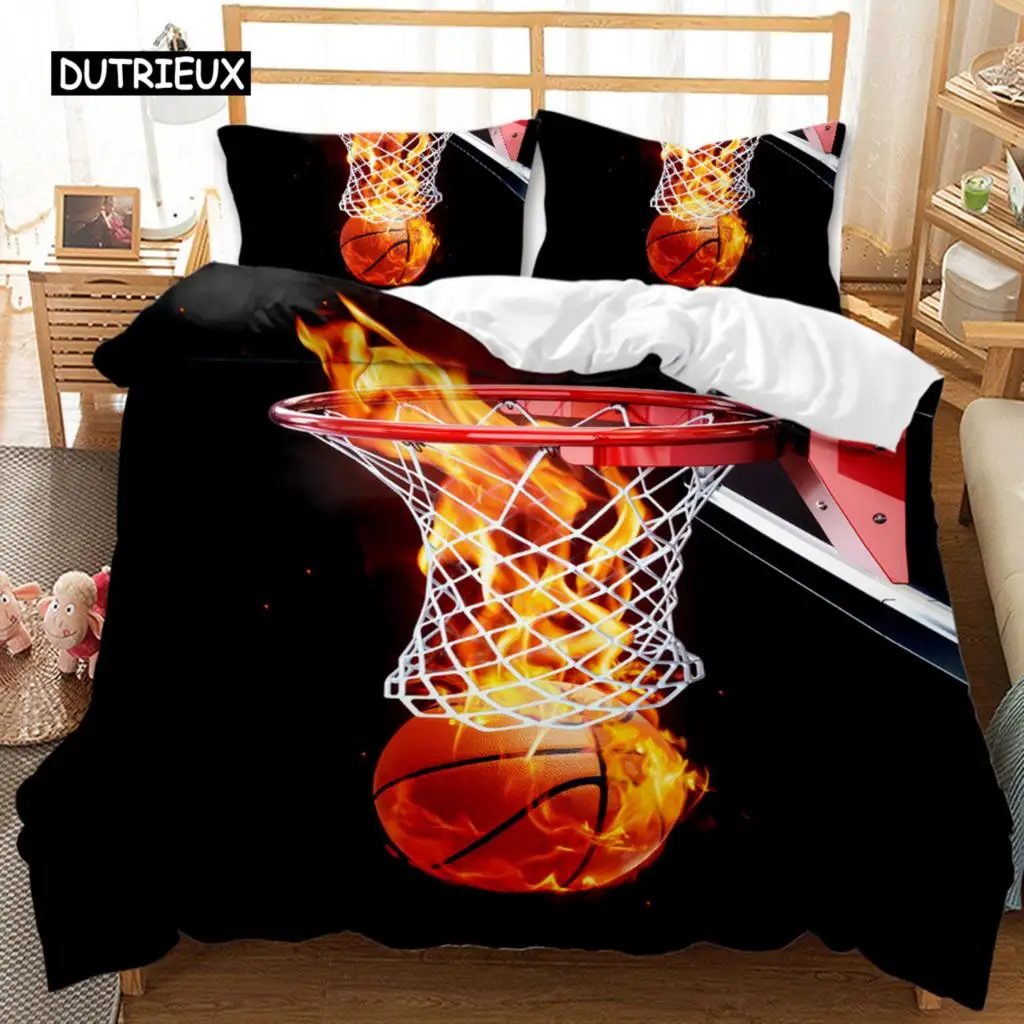 

Basketball Duvet Cover Set Twin Size Sports Basketball Fire Pattern Twin Bedding Set Microfiber Quilt Cover for Boys and Teens