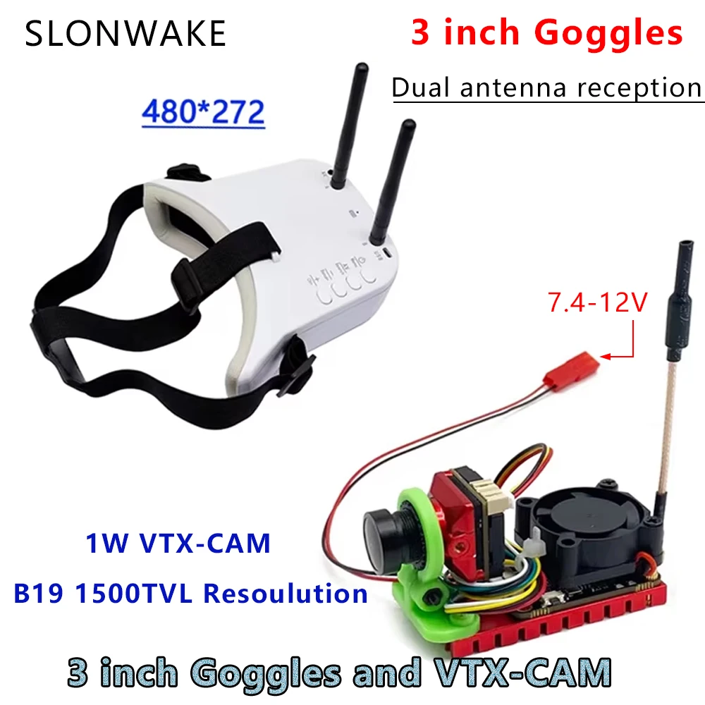 

Long Range 5.8G 1W FPV Transmitter 1000mW VTX+CMOS 1500TVL camera + 3 inch Dual antenna reception Goggles for RC Quadcopter