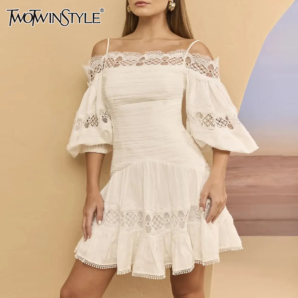 

TWOTWINSTYLE Solid Slimming Spliced Hollow Out Dresses for Women Square Neck Off Shoulder Patchwork Lace Elegant Dress Female