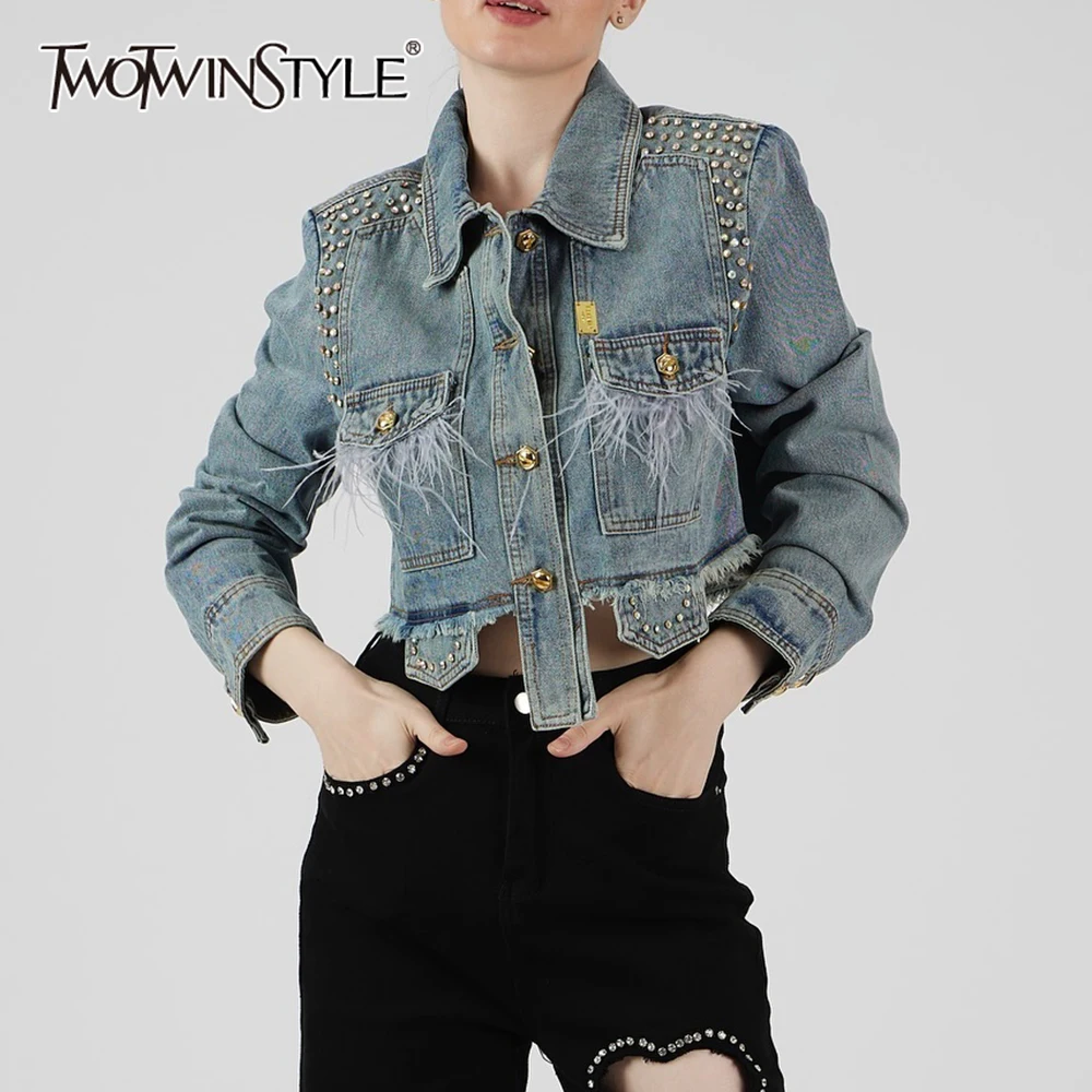 

TWOTWINSTYLE однотонные утягивающие модные куртки с бусинами для женщин, лоскутное уличное пальто с лацканами и длинными рукавами, женское уличное пальто