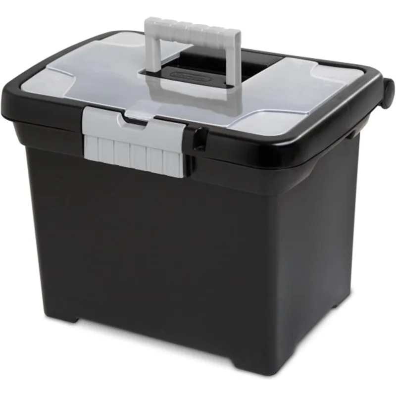 Portable File Box, Stackable Storage Bin with Latching Lid and Handle, Plastic Container to Organize Papers in Home, Office